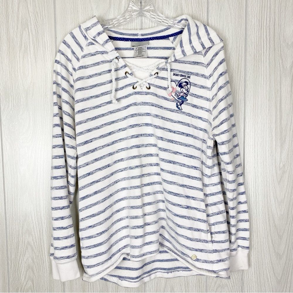 Disney White and Blue Striped Lace-Up Hoodie Sweatshirt